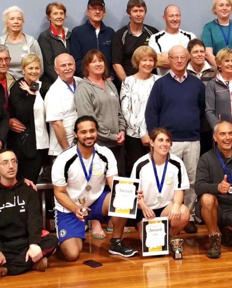 Sueme Rajpal displaying gold medal and trophy after winning Queensland State Pickleball Championships mixed doubles division with partner Debbie Rossi.