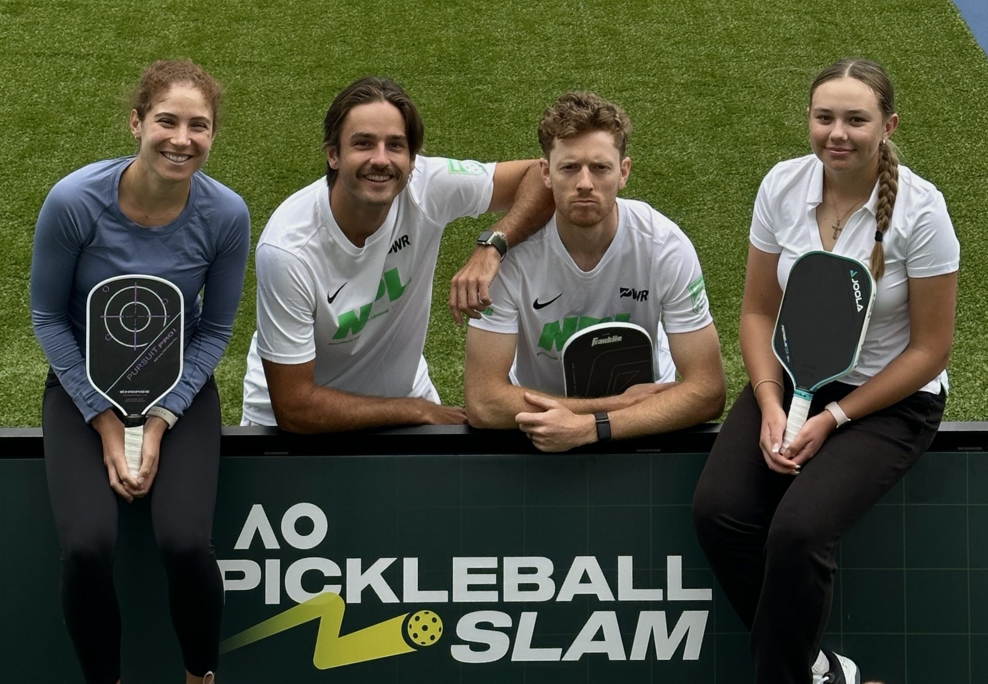 Mickie Haet, Harrison Brown, Joey Wild, and Nicola Schoeman pose for a team photo ahead of the inaugural Australian Open Pickleball Slam in Melbourne, Australia.